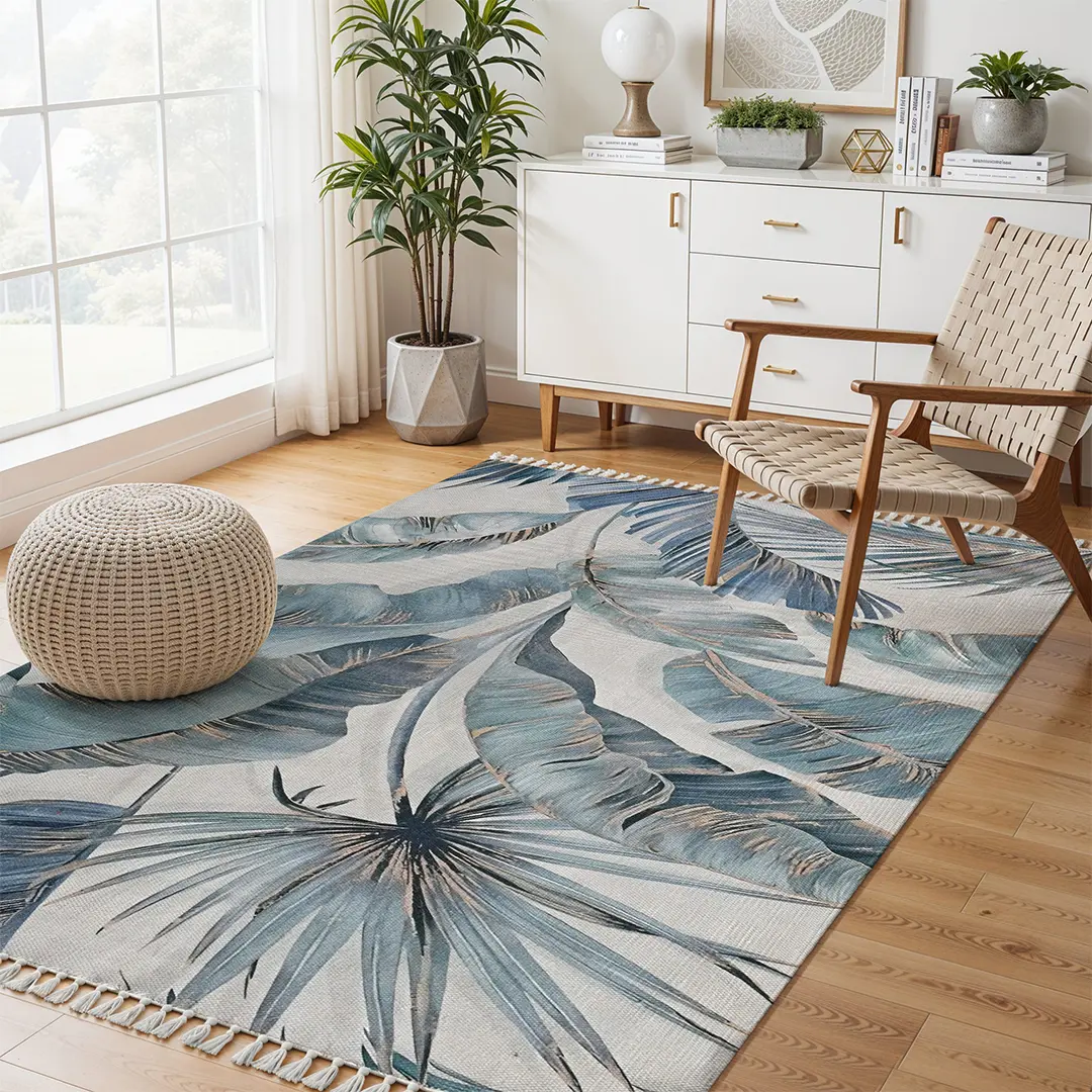 Digital Printed Rug with Muted Teal and Pale Gold Leaf Design - Image 4